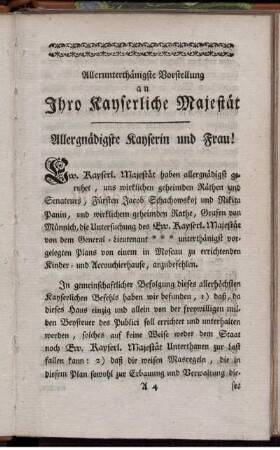 Allerunterthänigste Vorstellung an Ihre Kayserliche Majestät.