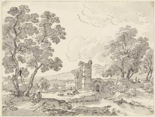 Landschaft mit antiken Ruinen, Hirten und Herde