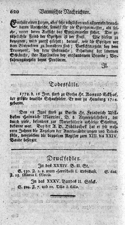 Druckfehler. In des XXXIV. B. II. St. - In des XXXV. Bandes II. Stück.
