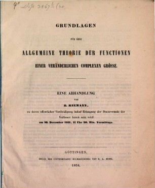Grundlagen für eine allgemeine Theorie der Functionen einer veränderlichen complexen Grösse : eine Abhandlung