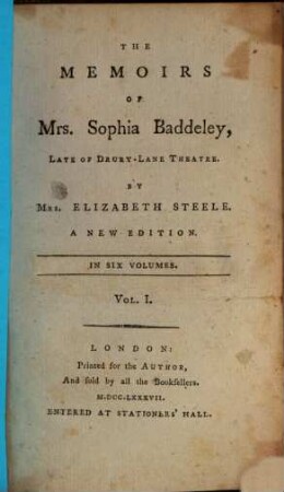 The Memoirs Of Mrs. Sophia Baddeley, Late Of Drury-Lane Theatre : In Six Volumes, 1