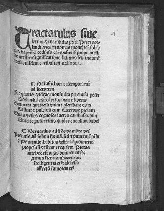 Tractatulus siue// sermo. venerabilis p[at]ris Petri dor-//landi. vicarij domus mont[rum] s[an]c[t]i iohan-//nis baptiste ordinis carthusiens[i] prope diest.// de mystica significatione habitus seu indume[n]//toru[m] eiusdem carthusien[si] ordinis