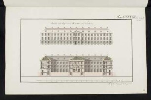 Militärhospital, idealtypischer Entwurf, Aufriss Hauptfassade und Querschnitt : Militärhospital, idealtypischer Entwurf, Aufriss der Hauptfassade und Querschnitt, Johann Christian Götzschel, um 1794. Feder, Pinsel in Wasserfarbe/Papier. 41,6 x 26,1 cm. Bez.: "Facade, und Profil eines Hospitals vor Soldaten.", "Tab. LXXXVII. Sect: II. Cap X §. 210." und "Goetzschel. Lieutenant des Ingenieurs." Maßstab mit Maßeinheit "Dr: Ellen" (150 Dresdner Ellen=22,3 cm).