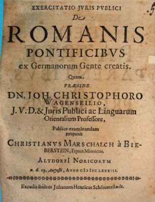 Exercitatio juris publici De Romanis pontificibus ex Germanorum gente creatis