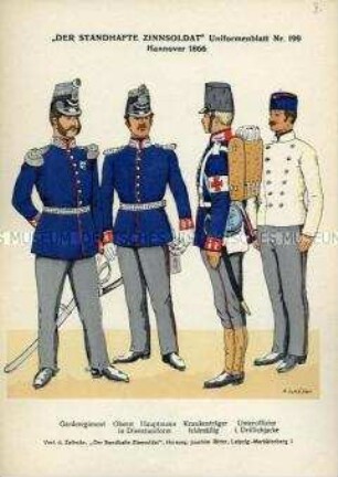 Uniformdarstellung, Oberst, Hauptmann, Krankenträger und Unteroffizier des Garde-Regiments, Königreich Hannover, 1866.