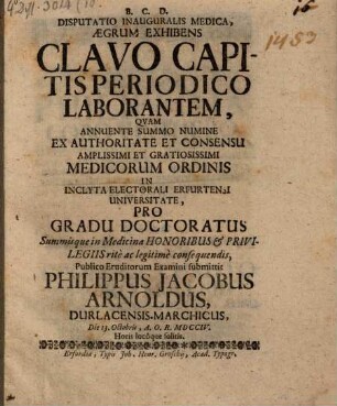 Disp. aegrum exhibens clavo capitis periodico laborantem