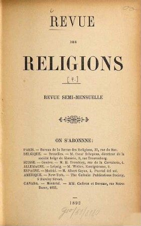 Revue des religions : revue semi-mensuelle. [4]. 1892