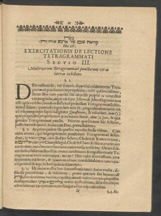 [...] Hoc est, Exercitationis De Lectione Nominis Tetragrammati Sectio III.