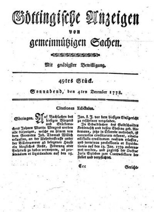 49tes Stück. Sonnabend, den 4ten December 1778.