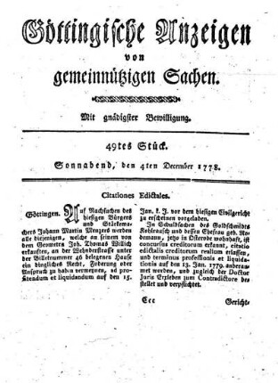 49tes Stück. Sonnabend, den 4ten December 1778.