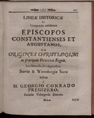 Lineæ Historicæ In Compendio exhibentes Episcopos Constantieneses Et Augustanos, ...