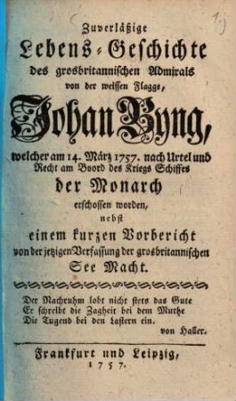 Zuverläßige Lebensgeschichte des großbritann. Admirals Johann Byng ...