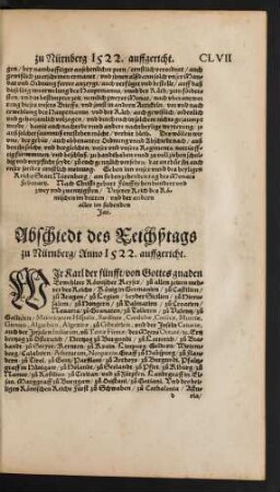 Abschiedt des Reichßtags zu Nürnberg/ Anno 1522. auffgericht.
