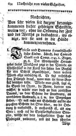 Nachrichten, von sehr vielen seit kurzem herausgekommenen hieher gehörigen Schriften