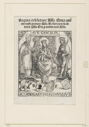 Maria, Heiliger Korbinian und Heiliger Sigismund, aus: "Scamnalia secundum ritum ac ordinem ecclesie et diocesis Frinsingensis: Pars estivalis", Venedig 1520, Rückseite Frontispiz