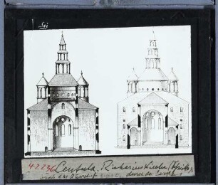 Saint-Riquier (Centula), Richariuskirche : Querschiff (links), Schnitt, Langhaus (rechts), Schnitt