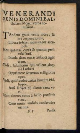 Venerandi Senis Domini Balthasaris Mencii verba novissima.
