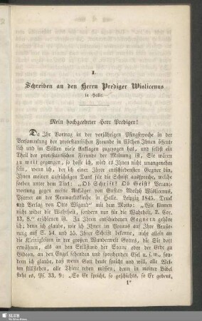 I. Schreiben an den Herrn Prediger Wislicenus in Halle