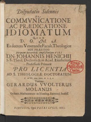 Disputatio Solennis De Communicatione Ac Praedicatione Idiomatum