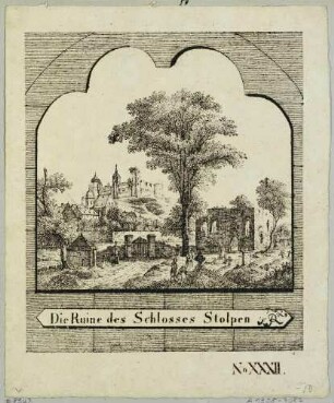 Blick vom Friedhof mit ruinöser Kapelle auf die Stadt und die Ruine der Burg Stolpen