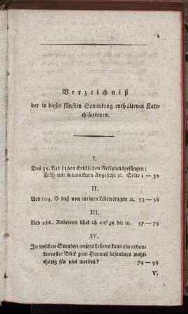 Verzeichniß der in dieser fünften Sammlung enthaltenen Katechisationen