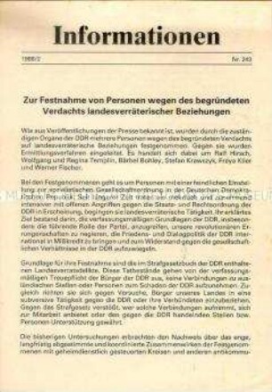 Parteiinternes Informationsblatt der SED über die Festnahme von politischen Gegnern