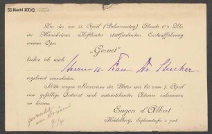 Einladungskarte für die Erstaufführung der Oper "Gernot"