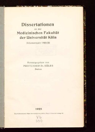 1924/25: Dissertationen an der Medizinischen Fakultät der Universität Köln