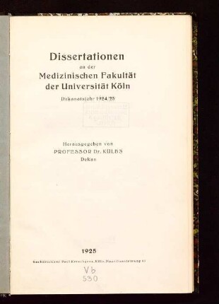 1924/25: Dissertationen an der Medizinischen Fakultät der Universität Köln