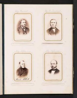 Albumseite 24 mit vier Cartes-de-visite (Porträts von Landtagsabgeordneten) unter Passepartout : Dem fünf und zwanzig Jahre hindurch treu bewährten und wohlverdienten Landtags-Abgeordneten Herrn Christian Gottlieb Riedel : gewidmet von seinen Collegen. Samteinband mit Metallbeschlägen und Metallschließe sowie Goldschnitt; 31 x 24,5 x 4 cm (1873). Dresden: SLUB/DF 2017.D.85