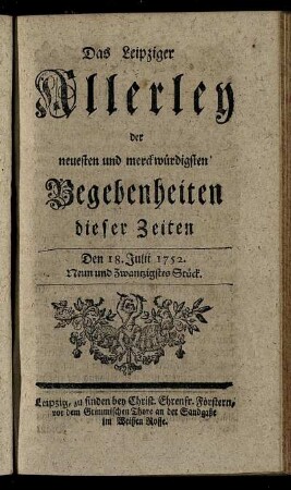 Den 18. Julii 1752. Neun und Zwantzigstes Stück.