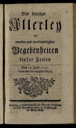 Den 18. Julii 1752. Neun und Zwantzigstes Stück.