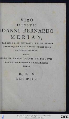 Viro Illustri Ioanni Bernardo Merian ...