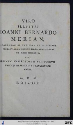 Viro Illustri Ioanni Bernardo Merian ...