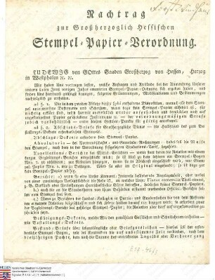 Nachtrag zur Hessischen Stempelpapier-Verordnung (Ausfertigung zwei Mal vorhanden)
