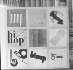 Neun Schriftvarianten des Wortes "binop". Tusche, Bleistift, Schreibmaterial, Wasserfarben, Collage; 41,8 x 42, 7 cm (1931; H. Rose)