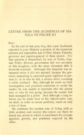 Letter from the Audiencia of Manila to Felipe III.