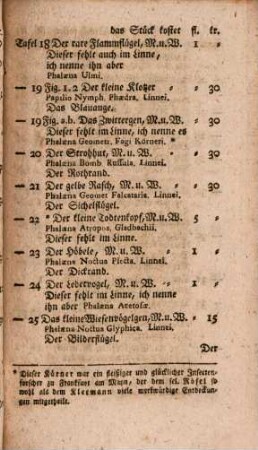 G. J. Gladbachs Medicinae Doct. & Pr. ord. zu Frankfurt am Mayn, Nahmen- und Preiß-Verzeichniß sowohl der Schmetterlinge oder der Tag- Dämmerungs- und Nacht-Vögel, als auch der Insekten, oder der Erd- und Wasser-Käfers, Heuschrecken, Grillen, Hummeln, Wespen, Mücken und Schnacken : Nach des Rösels vier Theilen der Insekten-Belustigung und Kleemanns Beytrag, nach meiner, Linnerscher, und anderer Naturforscher Benennung, so alle bey mir vielfach in Natura um beygesetzte Preiße jederzeit zu haben sind