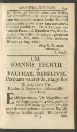 LXI. Ioannis Fechtii ad Balthas. Bebelium