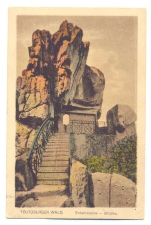 Externsteine, Brücke zur Kapelle, colorierte Fotografie als Ansichtskarte
