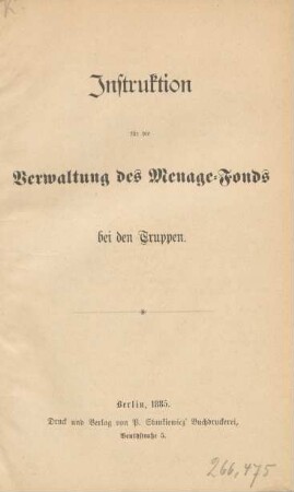 Instruktion für die Verwaltung der Menage-Fonds bei den Truppen