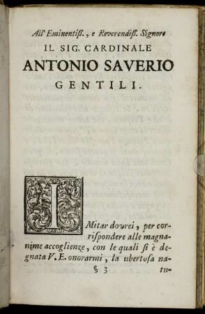All' Sig. Cardinale Antonio Saverio Gentili.