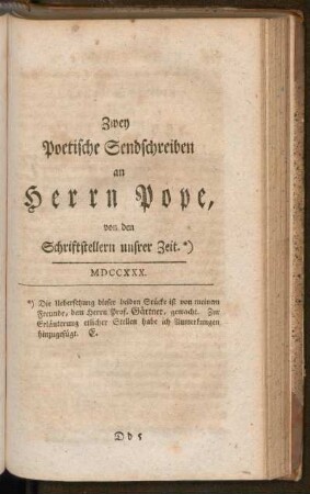 Zweyt Poetische Sendschreiben an Herrn Pope