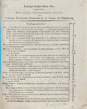 Neue Verlags- und Commissions-Artickel von Johann Friedrich Frauenholz et Comp. in Nürnberg : Leipziger Jubilate-Messe 1811