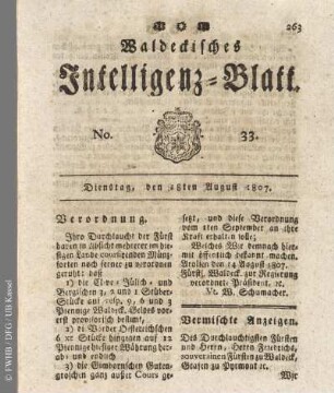 No. 33, Dienstag, den 18ten August 1807