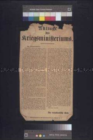 Maueranschlag: Anklage des Kriegsministeriums. Der Demokratische Club fordert zur Wahrung der Bürgerrechte der Soldaten auf; Berlin, 1. Juni 1848