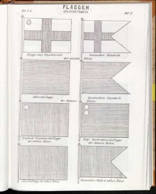 Taf. 18. Flagge eines Vizeadmirals der weissen Fahne. - Commodore-Standarte der weissen Fahne. - Admiralsflagge der blauen Fahne. - Commodore-Standarte der blauen Fahne. - England. Vizeadmiralsflagge. der rothen Fahne. - Engl. Contre Admiralsflagge der blauen Fahne. - Admiralsflagge er rothen Fahne. - Commodore-Stndt. d. rothen Fahne.
