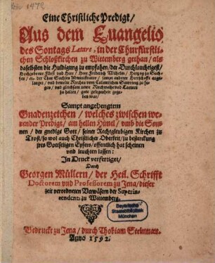 Eine christliche Predigt aus dem Evangelio Laetare ... bey der Huldigung zu Wittenberg
