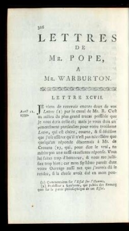 Lettres De Mr. Pope, A Mr. Warburton