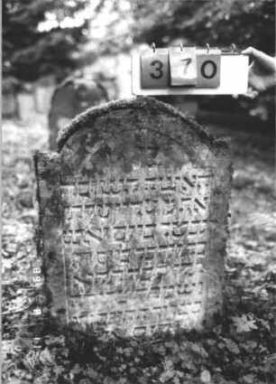 Grabstein 370 (Index: 99799688) Material: Sandstein Zustand: stark verwittert Maße HxBxT: 82x48x9 cm Beschreibung: Stele, eingezogener Segmentbogenabschluß, Schriftfeld eingetieft: Grabstein 370